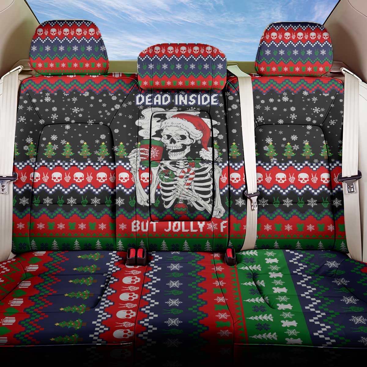Dead Inside But Jolly Af Christmas Skeleton Back Car Seat Cover Xmas Holiday Patterns - Wonder Print Shop