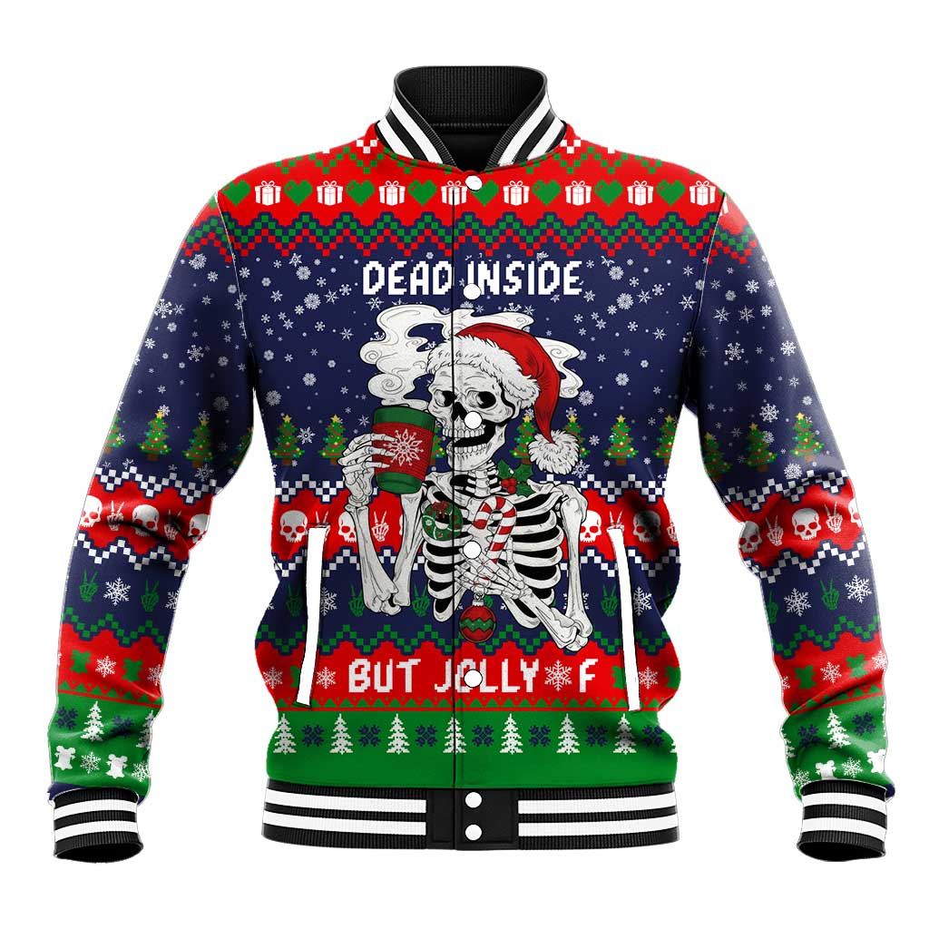 Dead Inside But Jolly Af Christmas Skeleton Baseball Jacket Xmas Holiday Patterns - Wonder Print Shop