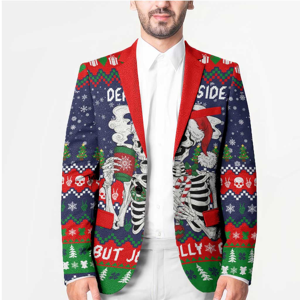 Dead Inside But Jolly Af Christmas Skeleton Blazer Xmas Holiday Patterns - Wonder Print Shop