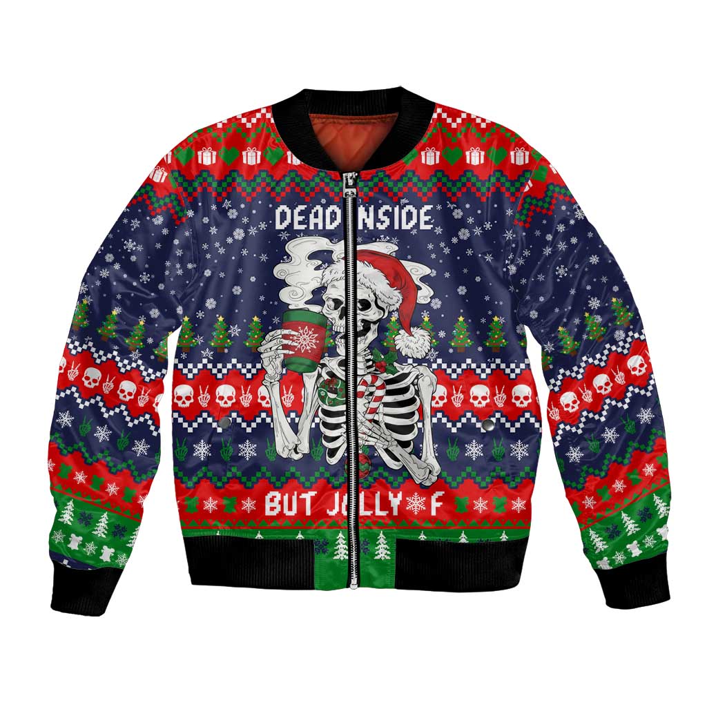 Dead Inside But Jolly Af Christmas Skeleton Bomber Jacket Xmas Holiday Patterns - Wonder Print Shop