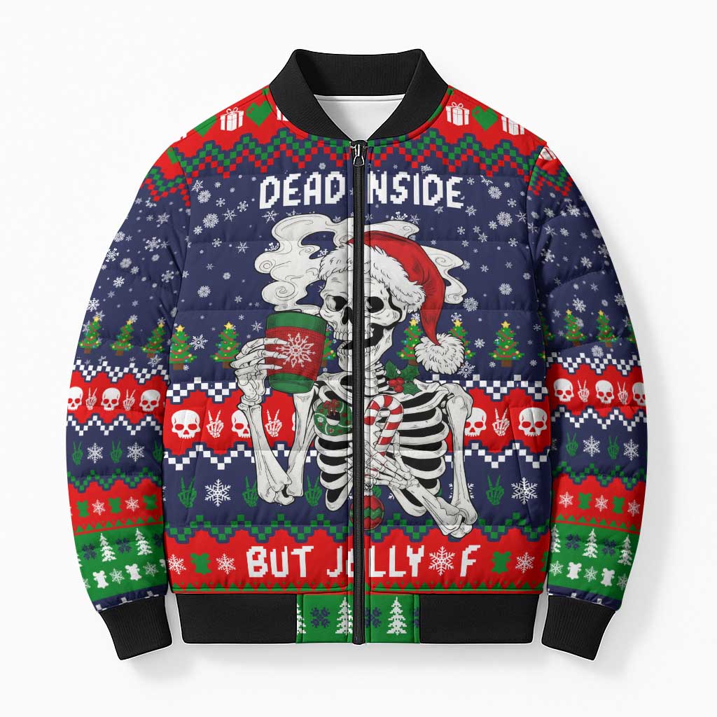 Dead Inside But Jolly Af Christmas Skeleton Bomber Puffer Jacket Xmas Holiday Patterns - Wonder Print Shop