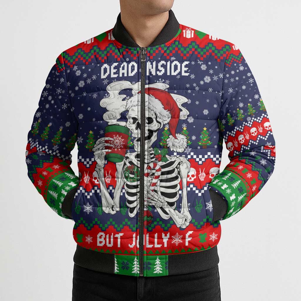 Dead Inside But Jolly Af Christmas Skeleton Bomber Puffer Jacket Xmas Holiday Patterns - Wonder Print Shop