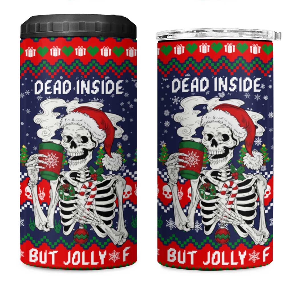 Dead Inside But Jolly Af Christmas Skeleton 4 in 1 Can Cooler Tumbler Xmas Holiday Patterns - Wonder Print Shop