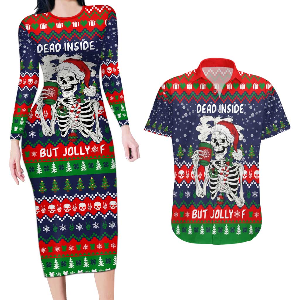 Dead Inside But Jolly Af Christmas Skeleton Couples Matching Long Sleeve Bodycon Dress and Hawaiian Shirt Xmas Holiday Patterns - Wonder Print Shop