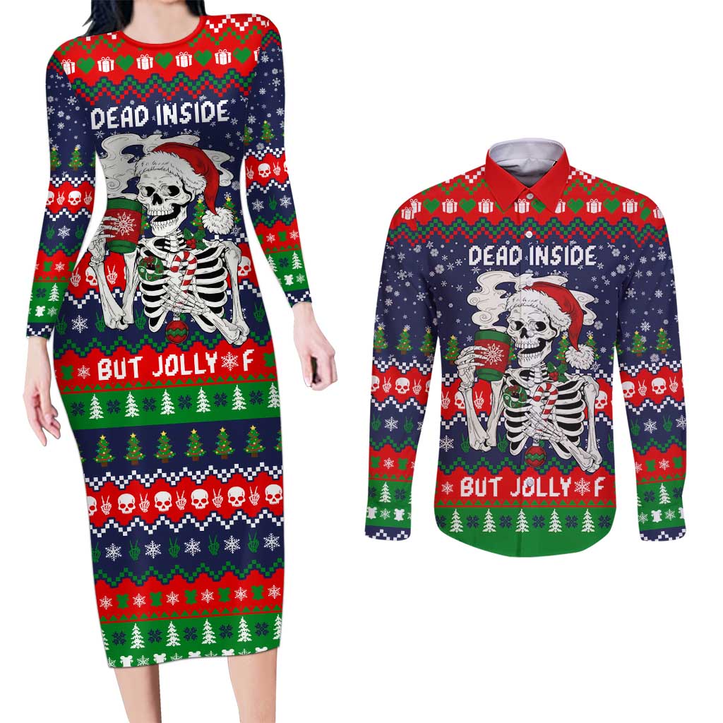 Dead Inside But Jolly Af Christmas Skeleton Couples Matching Long Sleeve Bodycon Dress and Long Sleeve Button Shirt Xmas Holiday Patterns - Wonder Print Shop
