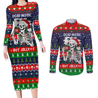 Dead Inside But Jolly Af Christmas Skeleton Couples Matching Long Sleeve Bodycon Dress and Long Sleeve Button Shirt Xmas Holiday Patterns - Wonder Print Shop