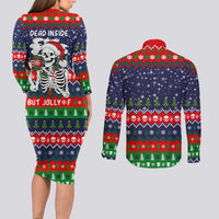 Dead Inside But Jolly Af Christmas Skeleton Couples Matching Long Sleeve Bodycon Dress and Long Sleeve Button Shirt Xmas Holiday Patterns - Wonder Print Shop
