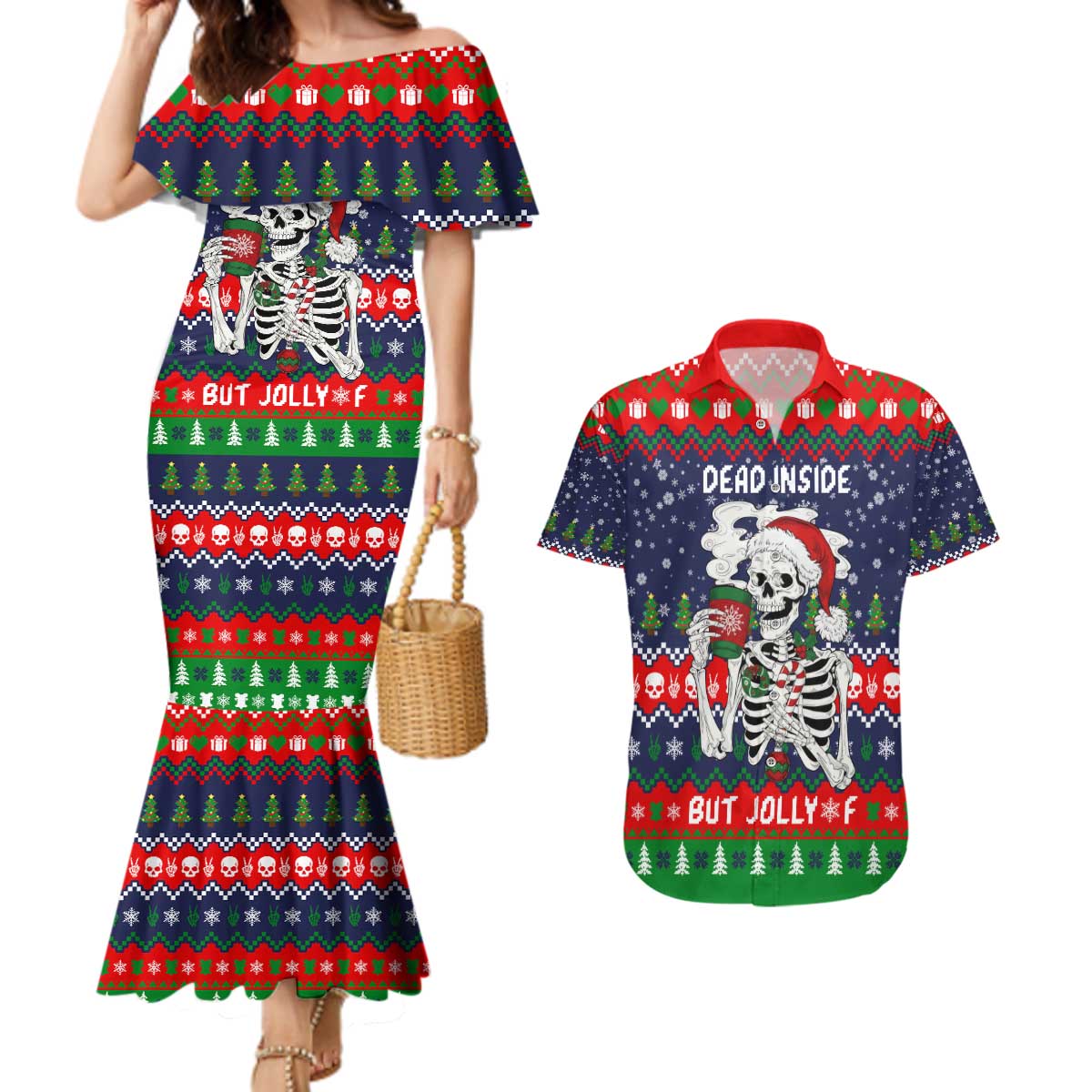 Dead Inside But Jolly Af Christmas Skeleton Couples Matching Mermaid Dress and Hawaiian Shirt Xmas Holiday Patterns - Wonder Print Shop