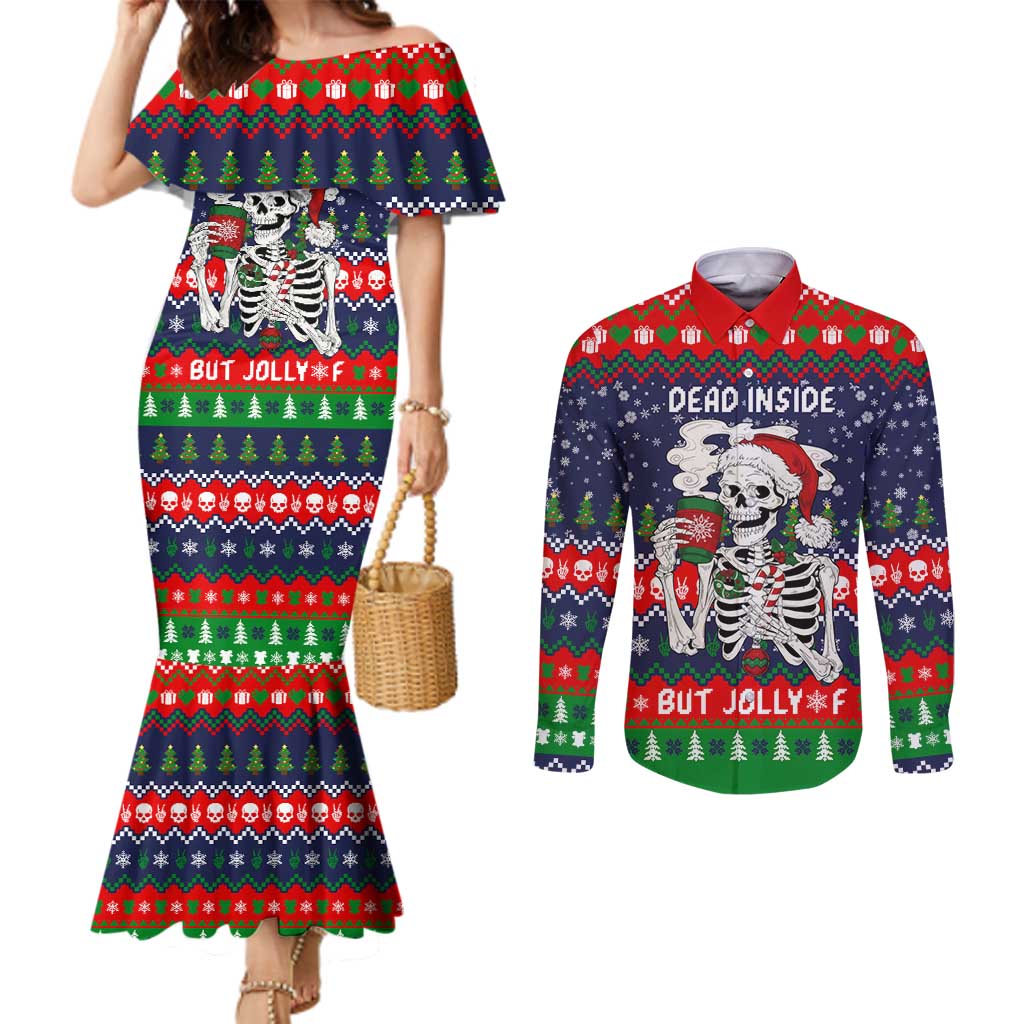 Dead Inside But Jolly Af Christmas Skeleton Couples Matching Mermaid Dress and Long Sleeve Button Shirt Xmas Holiday Patterns - Wonder Print Shop