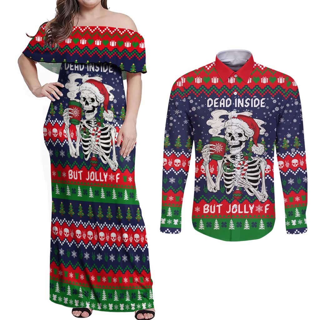 Dead Inside But Jolly Af Christmas Skeleton Couples Matching Off Shoulder Maxi Dress and Long Sleeve Button Shirt Xmas Holiday Patterns - Wonder Print Shop