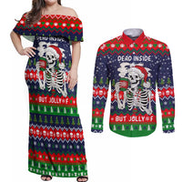 Dead Inside But Jolly Af Christmas Skeleton Couples Matching Off Shoulder Maxi Dress and Long Sleeve Button Shirt Xmas Holiday Patterns - Wonder Print Shop