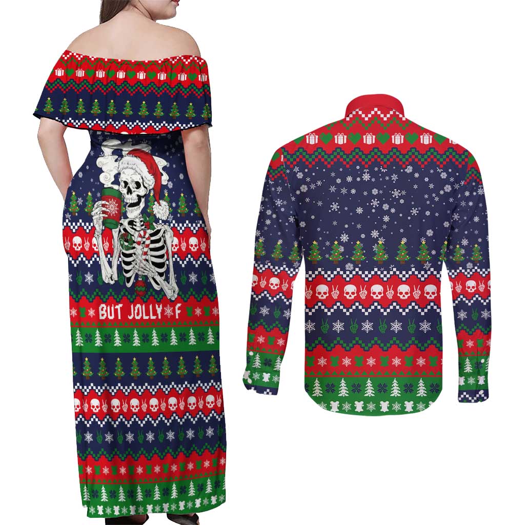 Dead Inside But Jolly Af Christmas Skeleton Couples Matching Off Shoulder Maxi Dress and Long Sleeve Button Shirt Xmas Holiday Patterns - Wonder Print Shop