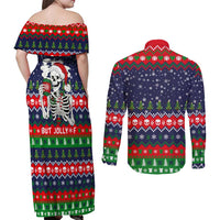 Dead Inside But Jolly Af Christmas Skeleton Couples Matching Off Shoulder Maxi Dress and Long Sleeve Button Shirt Xmas Holiday Patterns - Wonder Print Shop