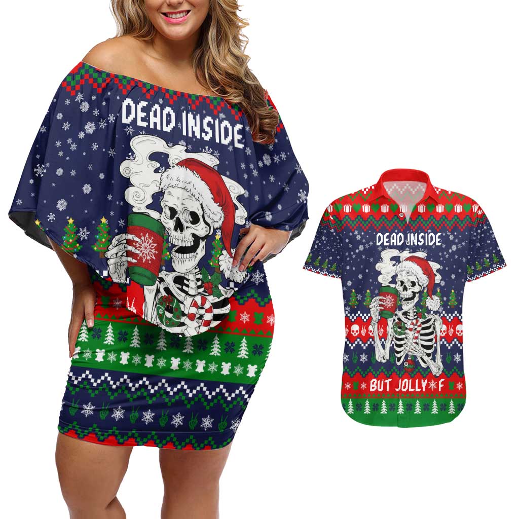 Dead Inside But Jolly Af Christmas Skeleton Couples Matching Off Shoulder Short Dress and Hawaiian Shirt Xmas Holiday Patterns - Wonder Print Shop