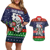 Dead Inside But Jolly Af Christmas Skeleton Couples Matching Off Shoulder Short Dress and Hawaiian Shirt Xmas Holiday Patterns - Wonder Print Shop