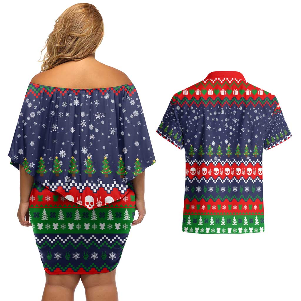 Dead Inside But Jolly Af Christmas Skeleton Couples Matching Off Shoulder Short Dress and Hawaiian Shirt Xmas Holiday Patterns - Wonder Print Shop