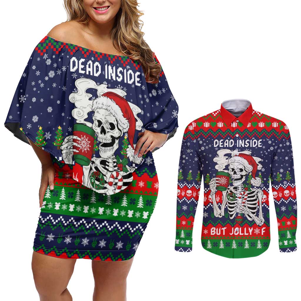 Dead Inside But Jolly Af Christmas Skeleton Couples Matching Off Shoulder Short Dress and Long Sleeve Button Shirt Xmas Holiday Patterns - Wonder Print Shop