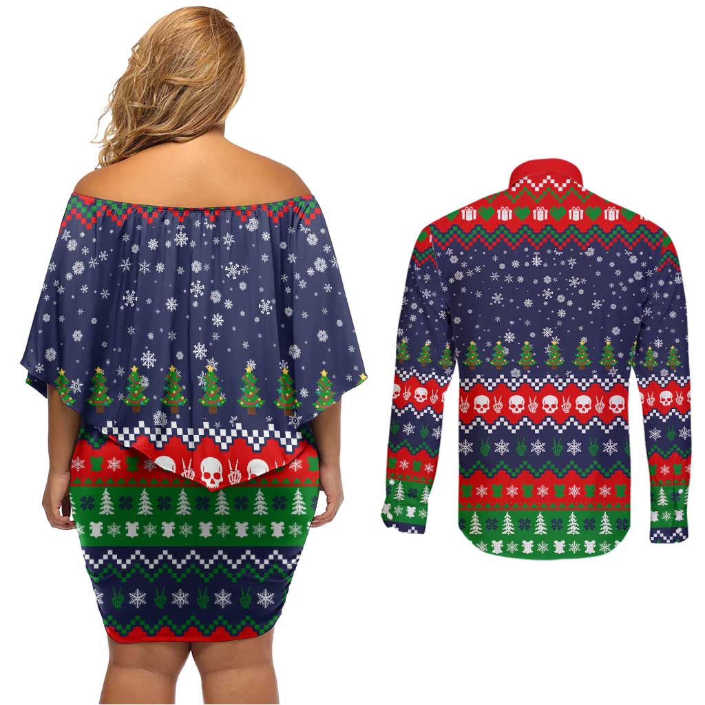 Dead Inside But Jolly Af Christmas Skeleton Couples Matching Off Shoulder Short Dress and Long Sleeve Button Shirt Xmas Holiday Patterns - Wonder Print Shop