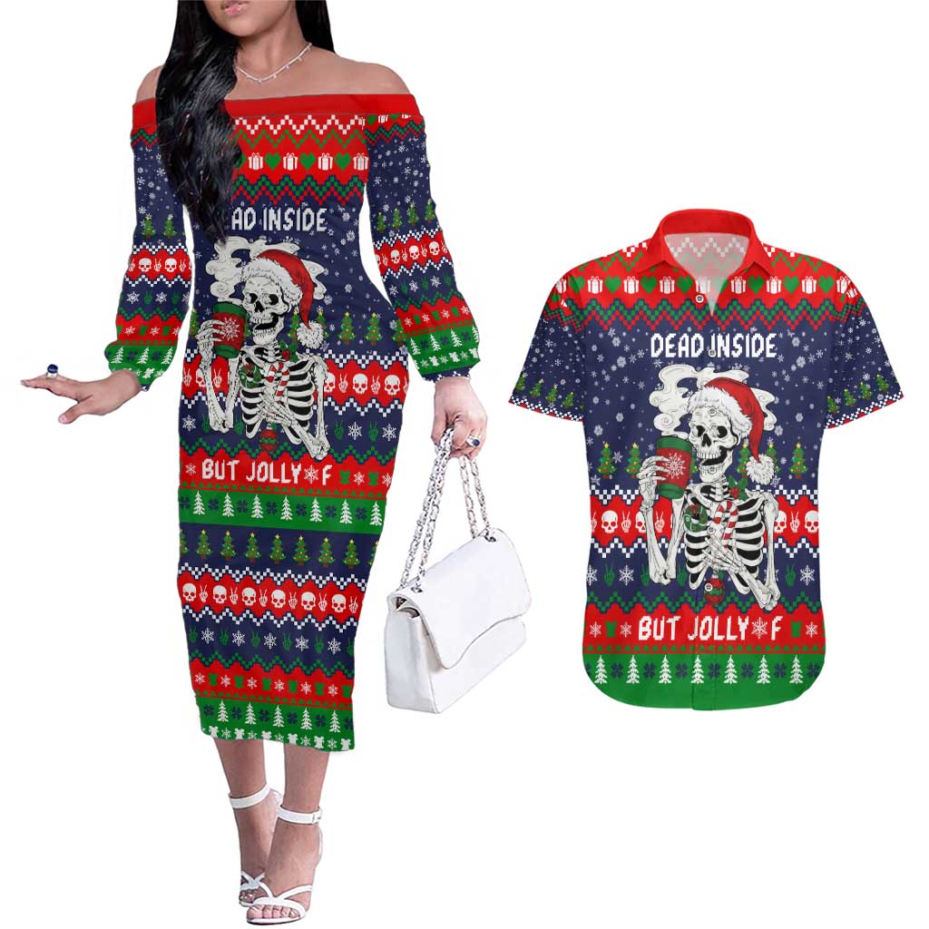 Dead Inside But Jolly Af Christmas Skeleton Couples Matching Off The Shoulder Long Sleeve Dress and Hawaiian Shirt Xmas Holiday Patterns - Wonder Print Shop