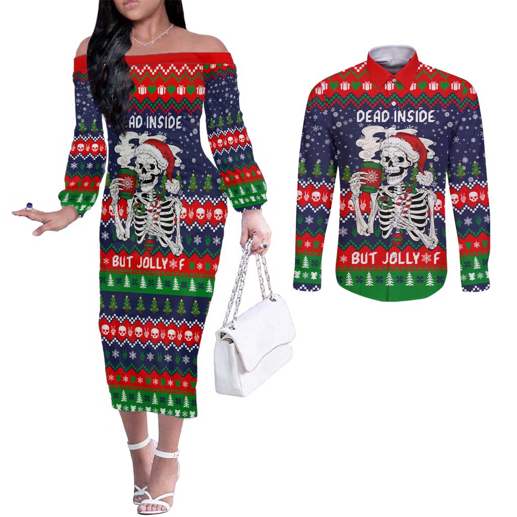 Dead Inside But Jolly Af Christmas Skeleton Couples Matching Off The Shoulder Long Sleeve Dress and Long Sleeve Button Shirt Xmas Holiday Patterns - Wonder Print Shop