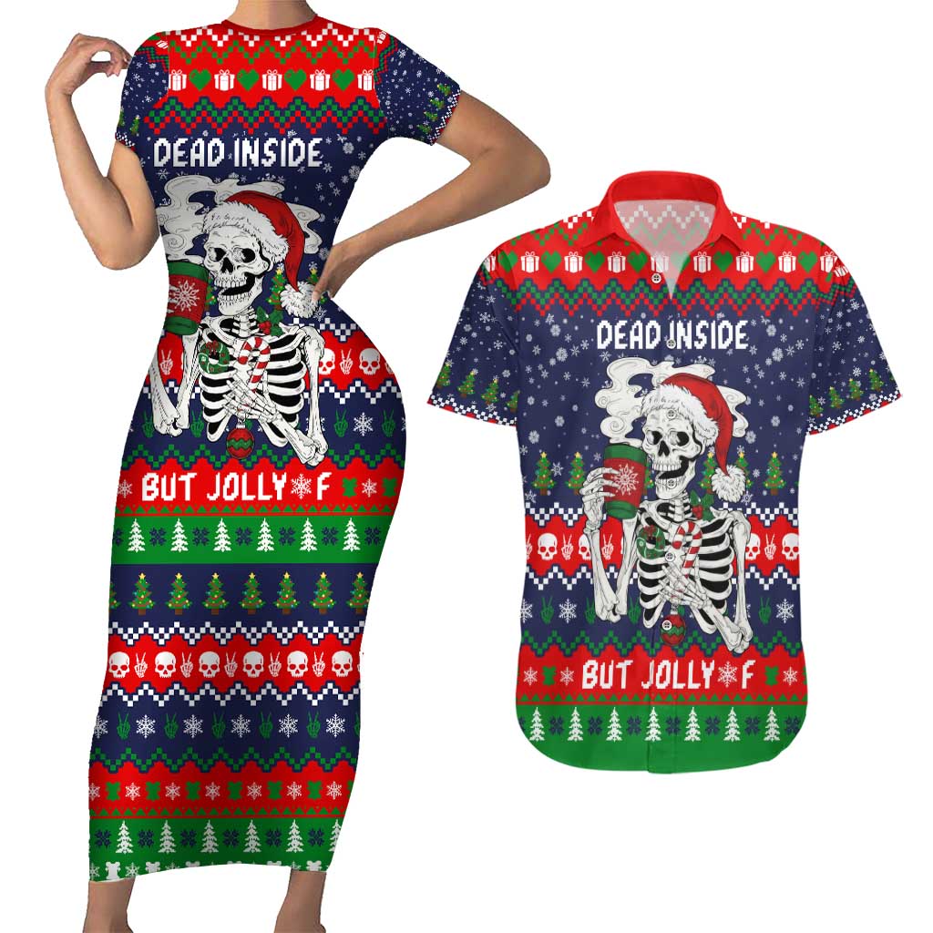 Dead Inside But Jolly Af Christmas Skeleton Couples Matching Short Sleeve Bodycon Dress and Hawaiian Shirt Xmas Holiday Patterns - Wonder Print Shop
