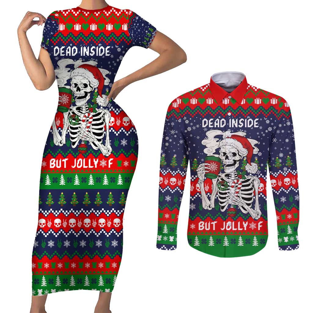 Dead Inside But Jolly Af Christmas Skeleton Couples Matching Short Sleeve Bodycon Dress and Long Sleeve Button Shirt Xmas Holiday Patterns - Wonder Print Shop