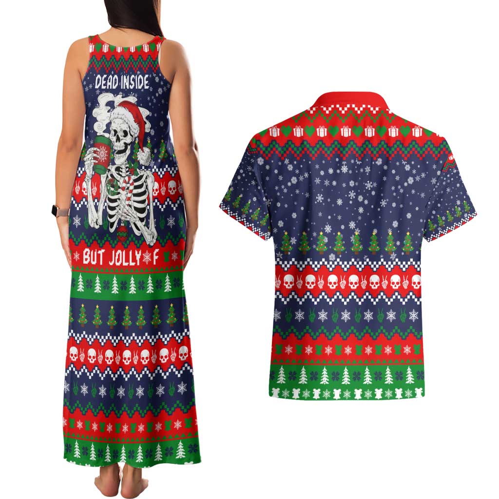 Dead Inside But Jolly Af Christmas Skeleton Couples Matching Tank Maxi Dress and Hawaiian Shirt Xmas Holiday Patterns - Wonder Print Shop