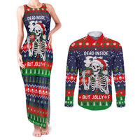 Dead Inside But Jolly Af Christmas Skeleton Couples Matching Tank Maxi Dress and Long Sleeve Button Shirt Xmas Holiday Patterns - Wonder Print Shop