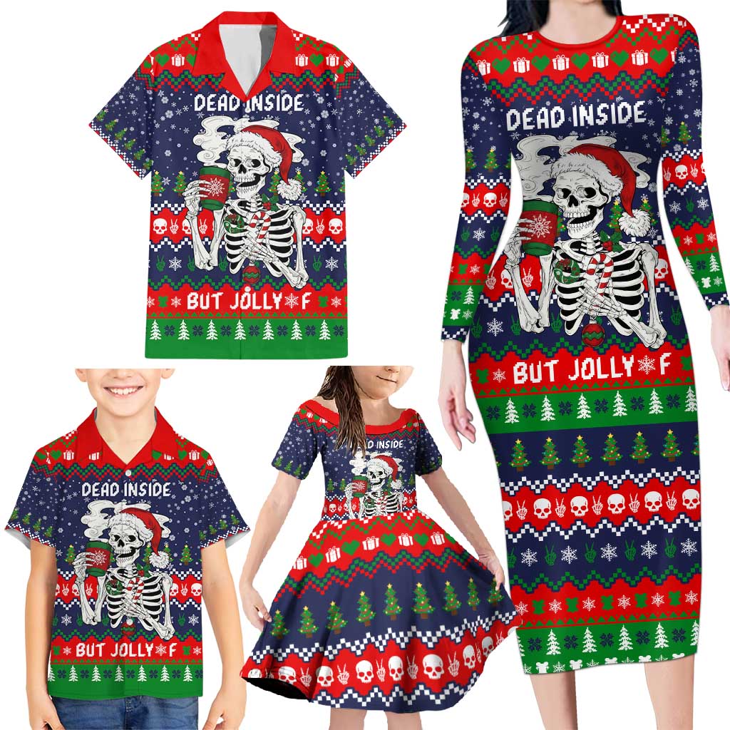 Dead Inside But Jolly Af Christmas Skeleton Family Matching Long Sleeve Bodycon Dress and Hawaiian Shirt Xmas Holiday Patterns - Wonder Print Shop