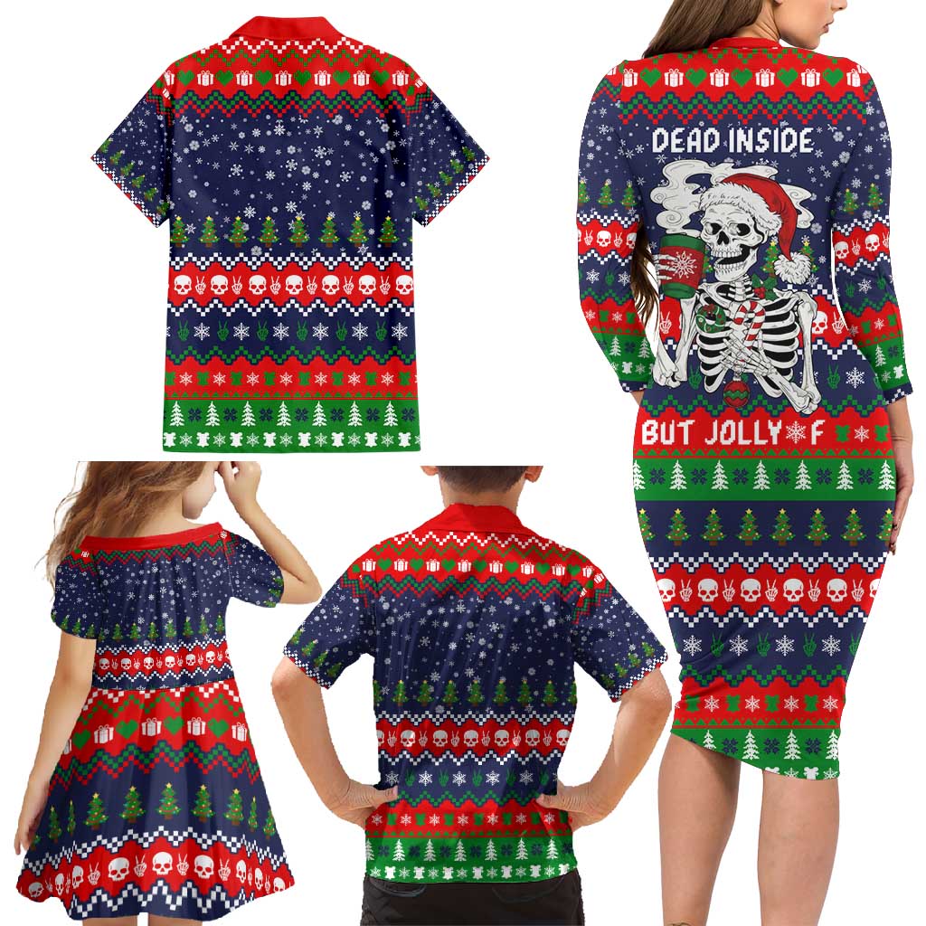 Dead Inside But Jolly Af Christmas Skeleton Family Matching Long Sleeve Bodycon Dress and Hawaiian Shirt Xmas Holiday Patterns - Wonder Print Shop