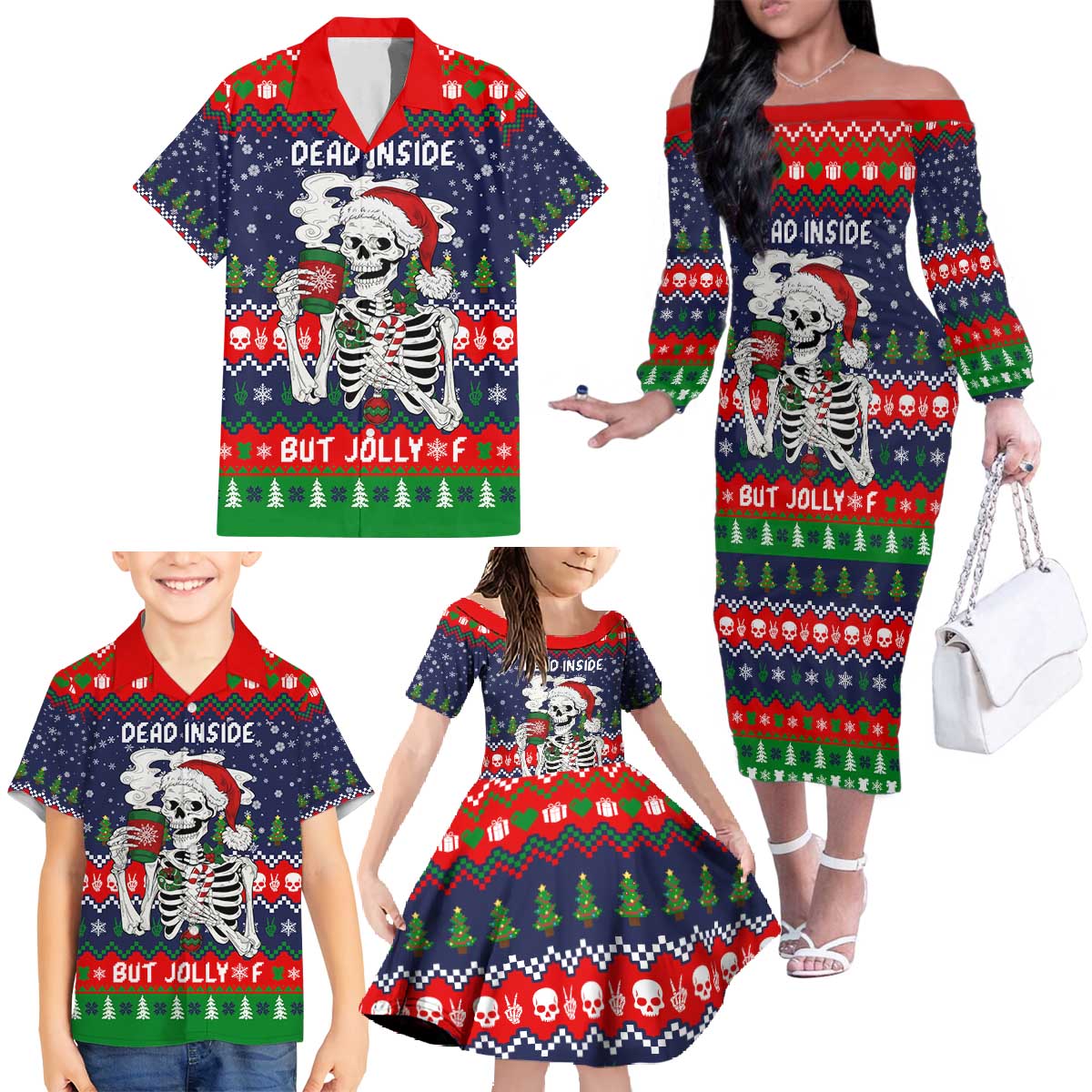 Dead Inside But Jolly Af Christmas Skeleton Family Matching Off The Shoulder Long Sleeve Dress and Hawaiian Shirt Xmas Holiday Patterns - Wonder Print Shop