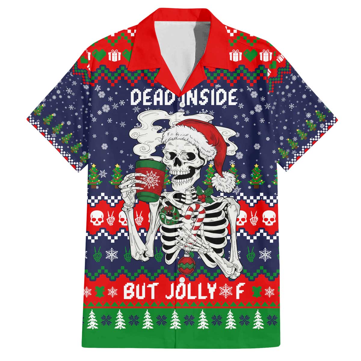Dead Inside But Jolly Af Christmas Skeleton Family Matching Off The Shoulder Long Sleeve Dress and Hawaiian Shirt Xmas Holiday Patterns - Wonder Print Shop