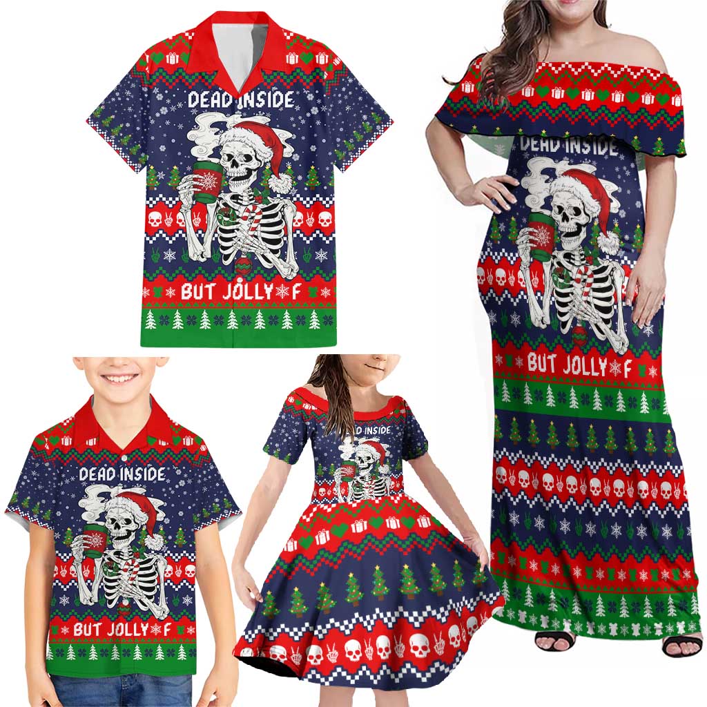 Dead Inside But Jolly Af Christmas Skeleton Family Matching Off Shoulder Maxi Dress and Hawaiian Shirt Xmas Holiday Patterns - Wonder Print Shop