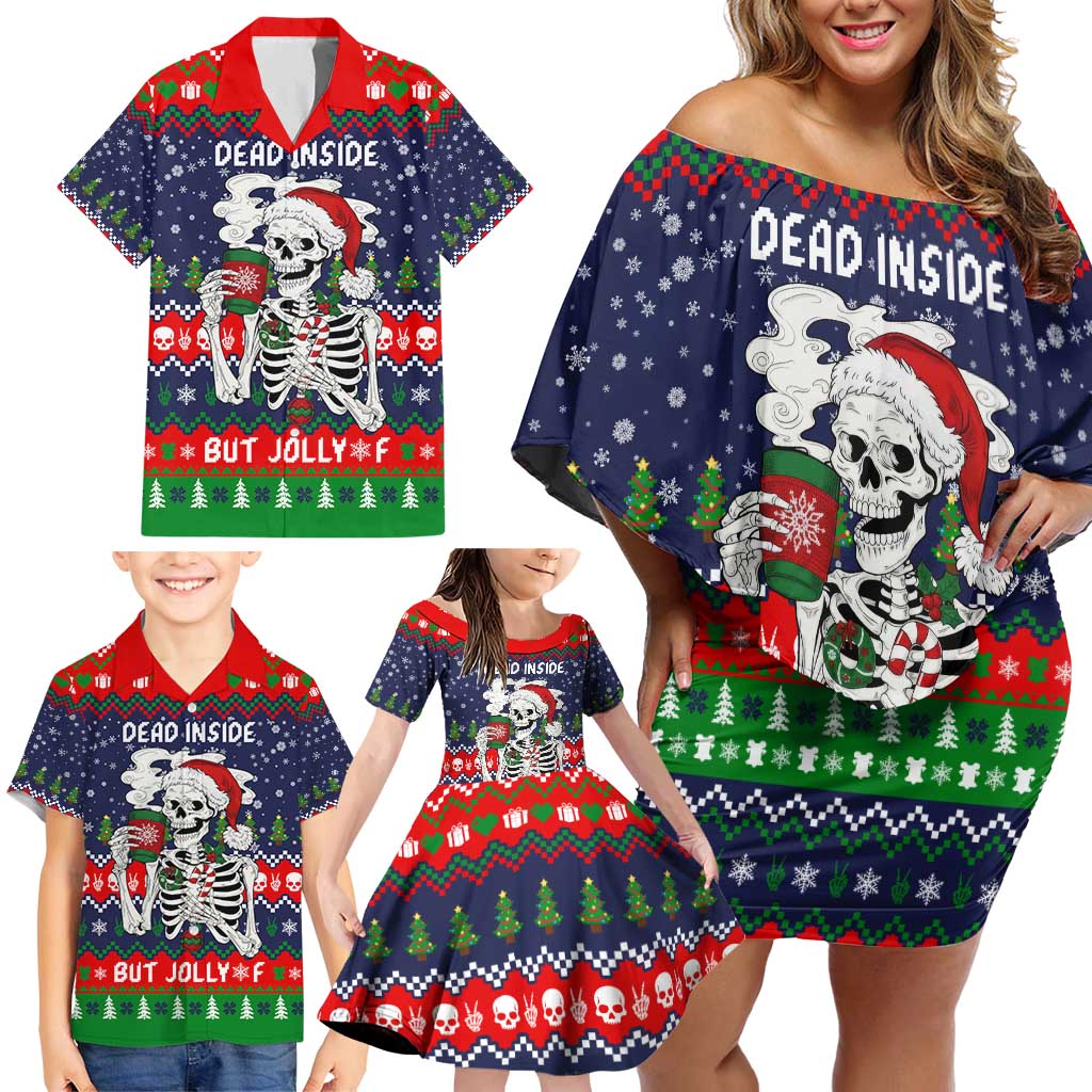 Dead Inside But Jolly Af Christmas Skeleton Family Matching Off Shoulder Short Dress and Hawaiian Shirt Xmas Holiday Patterns - Wonder Print Shop
