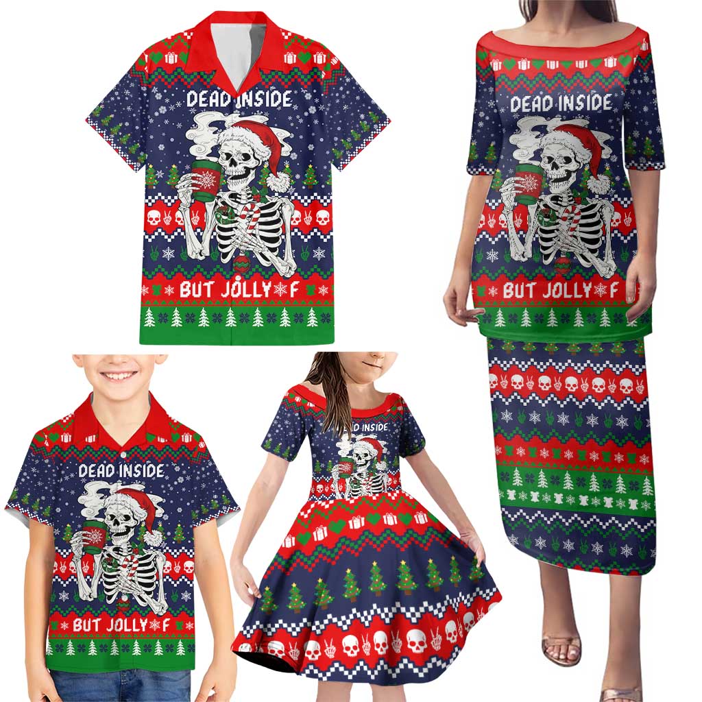 Dead Inside But Jolly Af Christmas Skeleton Family Matching Puletasi and Hawaiian Shirt Xmas Holiday Patterns - Wonder Print Shop