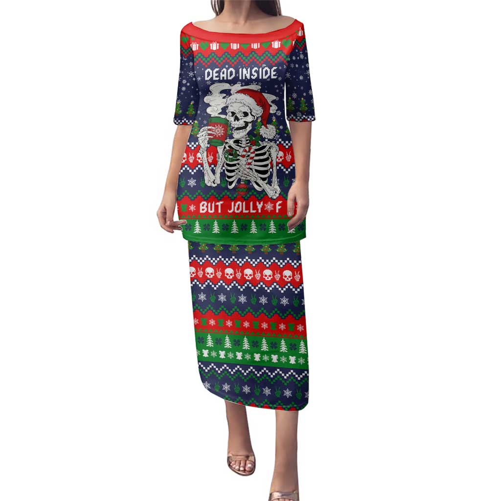 Dead Inside But Jolly Af Christmas Skeleton Family Matching Puletasi and Hawaiian Shirt Xmas Holiday Patterns - Wonder Print Shop