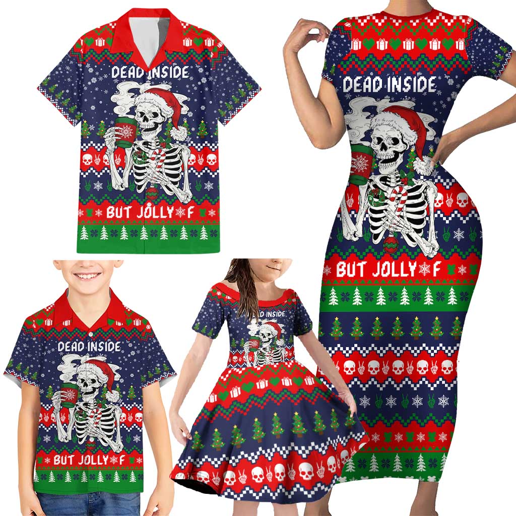 Dead Inside But Jolly Af Christmas Skeleton Family Matching Short Sleeve Bodycon Dress and Hawaiian Shirt Xmas Holiday Patterns - Wonder Print Shop