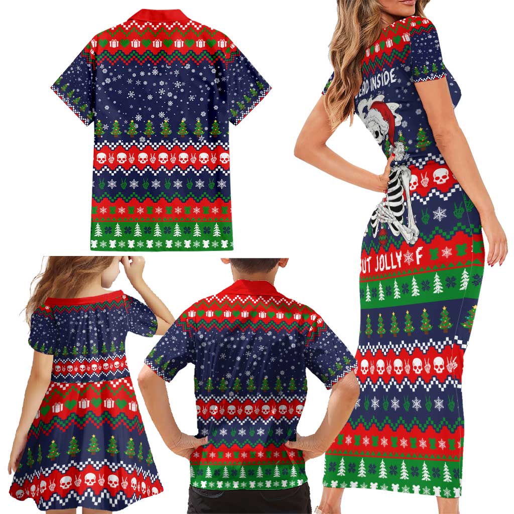 Dead Inside But Jolly Af Christmas Skeleton Family Matching Short Sleeve Bodycon Dress and Hawaiian Shirt Xmas Holiday Patterns - Wonder Print Shop