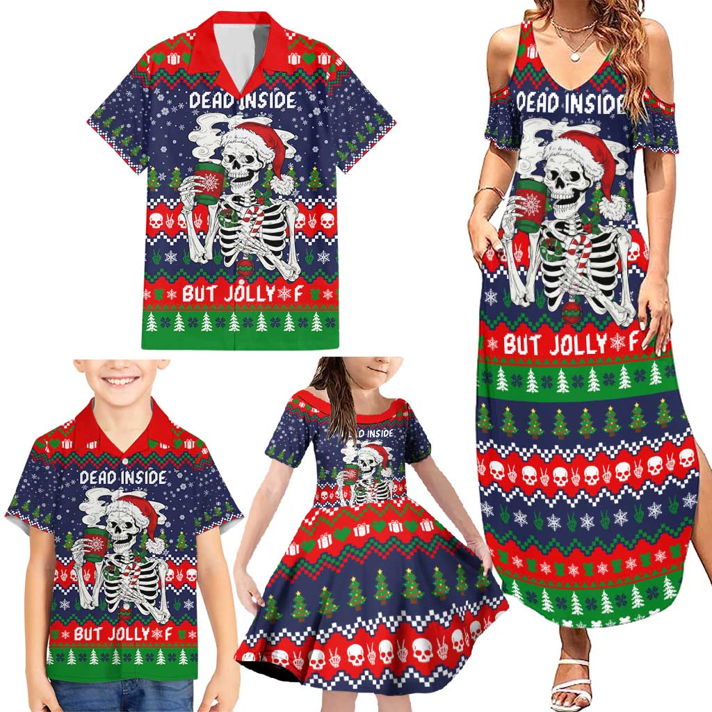 Dead Inside But Jolly Af Christmas Skeleton Family Matching Summer Maxi Dress and Hawaiian Shirt Xmas Holiday Patterns - Wonder Print Shop