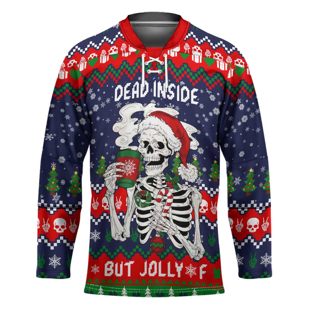 Dead Inside But Jolly Af Christmas Skeleton Hockey Jersey Xmas Holiday Patterns - Wonder Print Shop