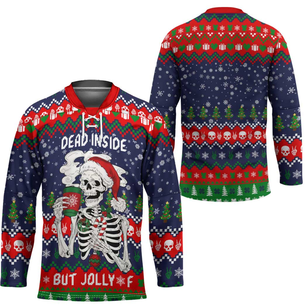 Dead Inside But Jolly Af Christmas Skeleton Hockey Jersey Xmas Holiday Patterns - Wonder Print Shop
