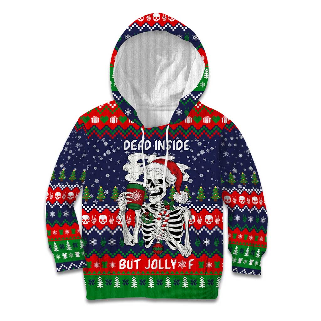 Dead Inside But Jolly Af Christmas Skeleton Kid Hoodie Xmas Holiday Patterns - Wonder Print Shop