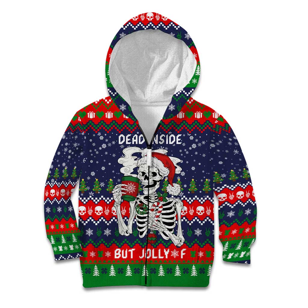 Dead Inside But Jolly Af Christmas Skeleton Kid Hoodie Xmas Holiday Patterns - Wonder Print Shop