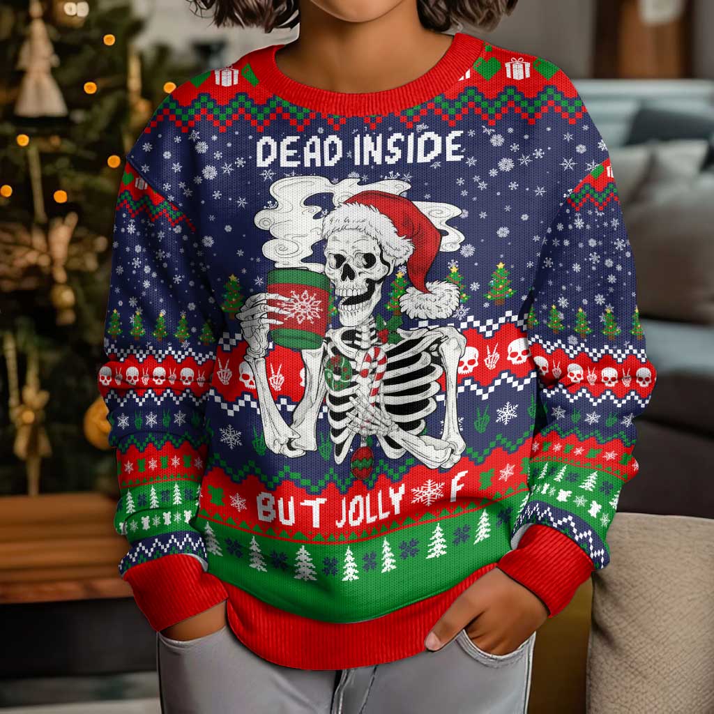 Dead Inside But Jolly Af Christmas Skeleton Kid Ugly Christmas Sweater Xmas Holiday Patterns - Wonder Print Shop