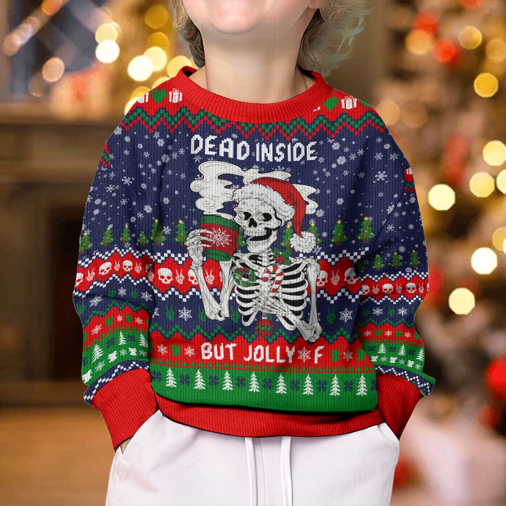 Dead Inside But Jolly Af Christmas Skeleton Kid Ugly Christmas Sweater Xmas Holiday Patterns - Wonder Print Shop