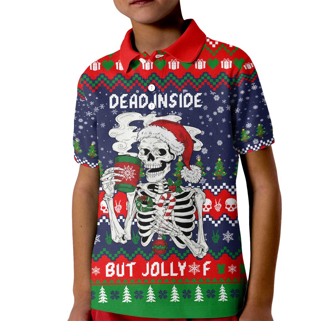 Dead Inside But Jolly Af Christmas Skeleton Kid Polo Shirt Xmas Holiday Patterns - Wonder Print Shop