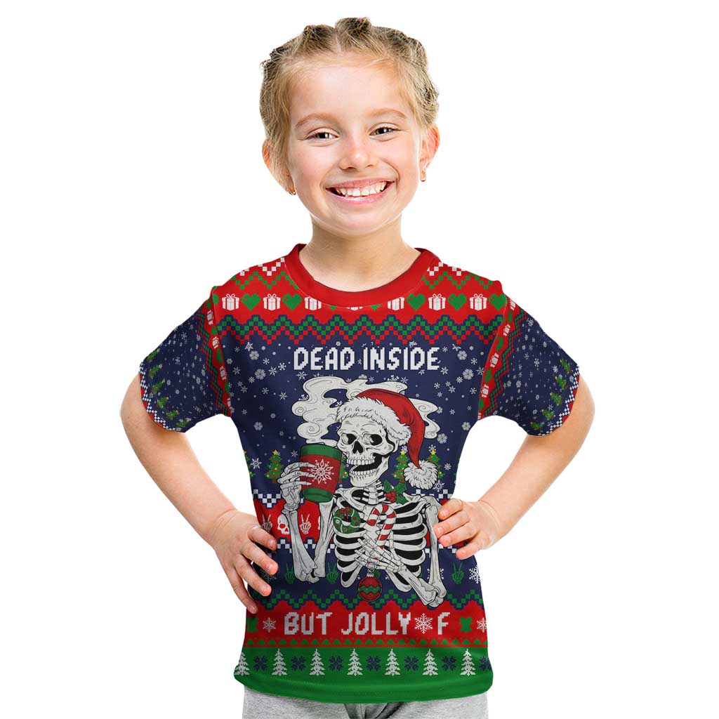 Dead Inside But Jolly Af Christmas Skeleton Kid T Shirt Xmas Holiday Patterns - Wonder Print Shop
