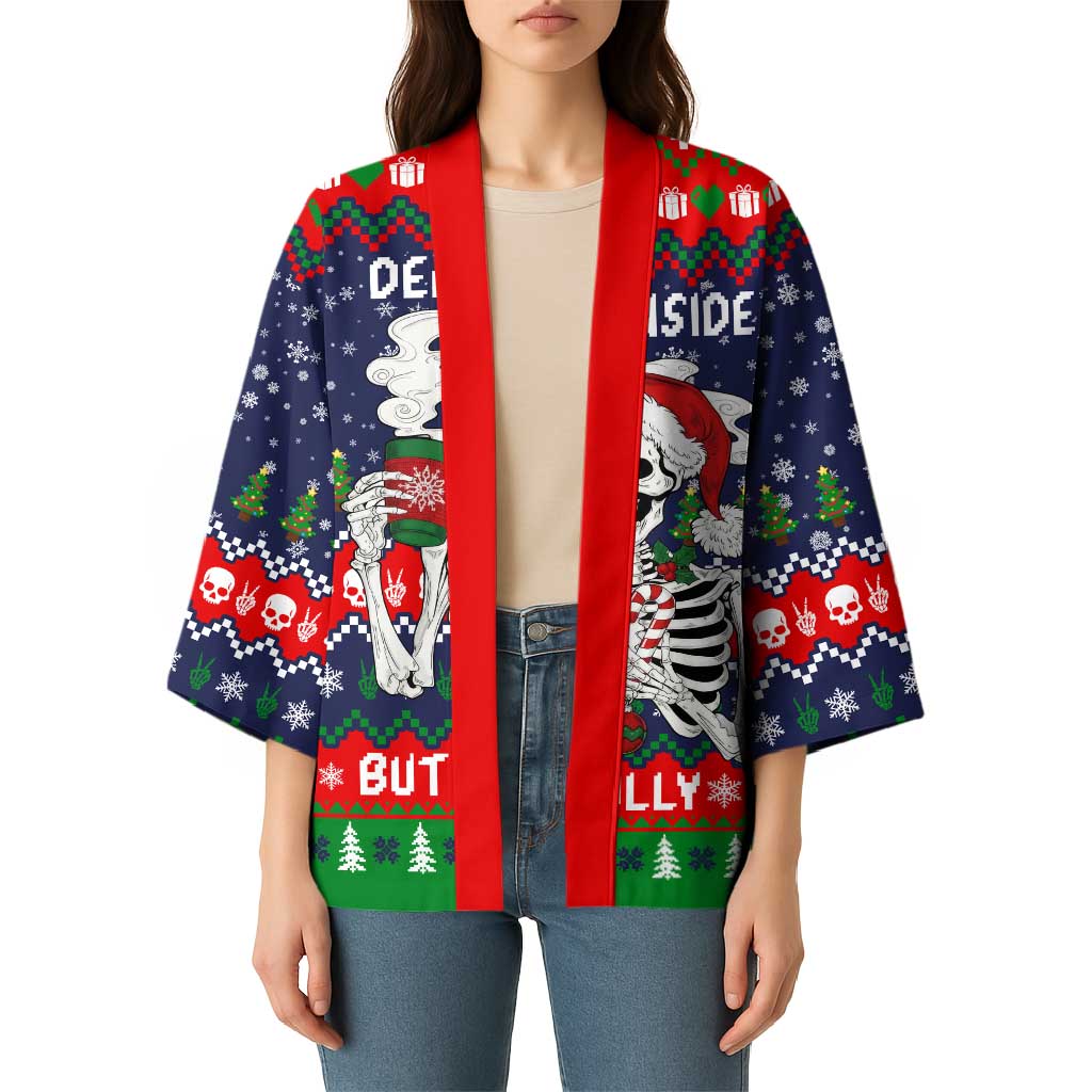 Dead Inside But Jolly Af Christmas Skeleton Kimono Xmas Holiday Patterns - Wonder Print Shop