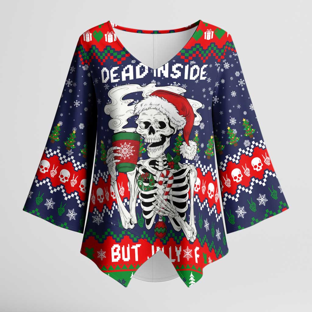 Dead Inside But Jolly Af Christmas Skeleton Kimono Sleeve Blouse Xmas Holiday Patterns - Wonder Print Shop