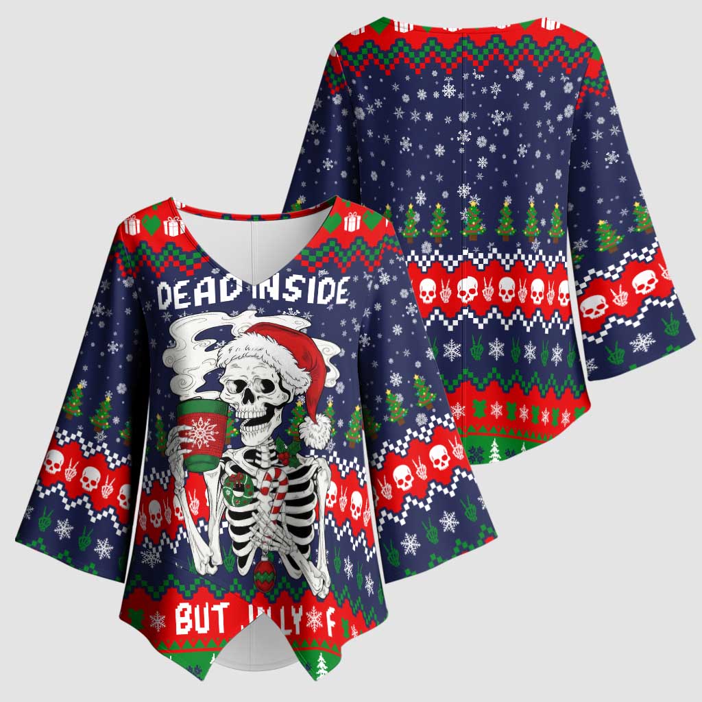 Dead Inside But Jolly Af Christmas Skeleton Kimono Sleeve Blouse Xmas Holiday Patterns - Wonder Print Shop